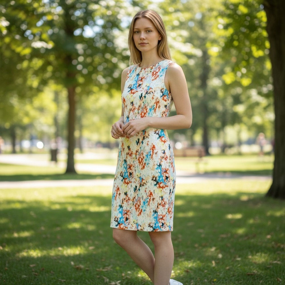 Antonio Melani Watercolor Floral Mesh Overlay Sheath Dress Size 6 Multi Color